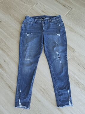 Lane Bryant Patched Distressed Medium Blue Skinny Jeans Raw Hem Size 18